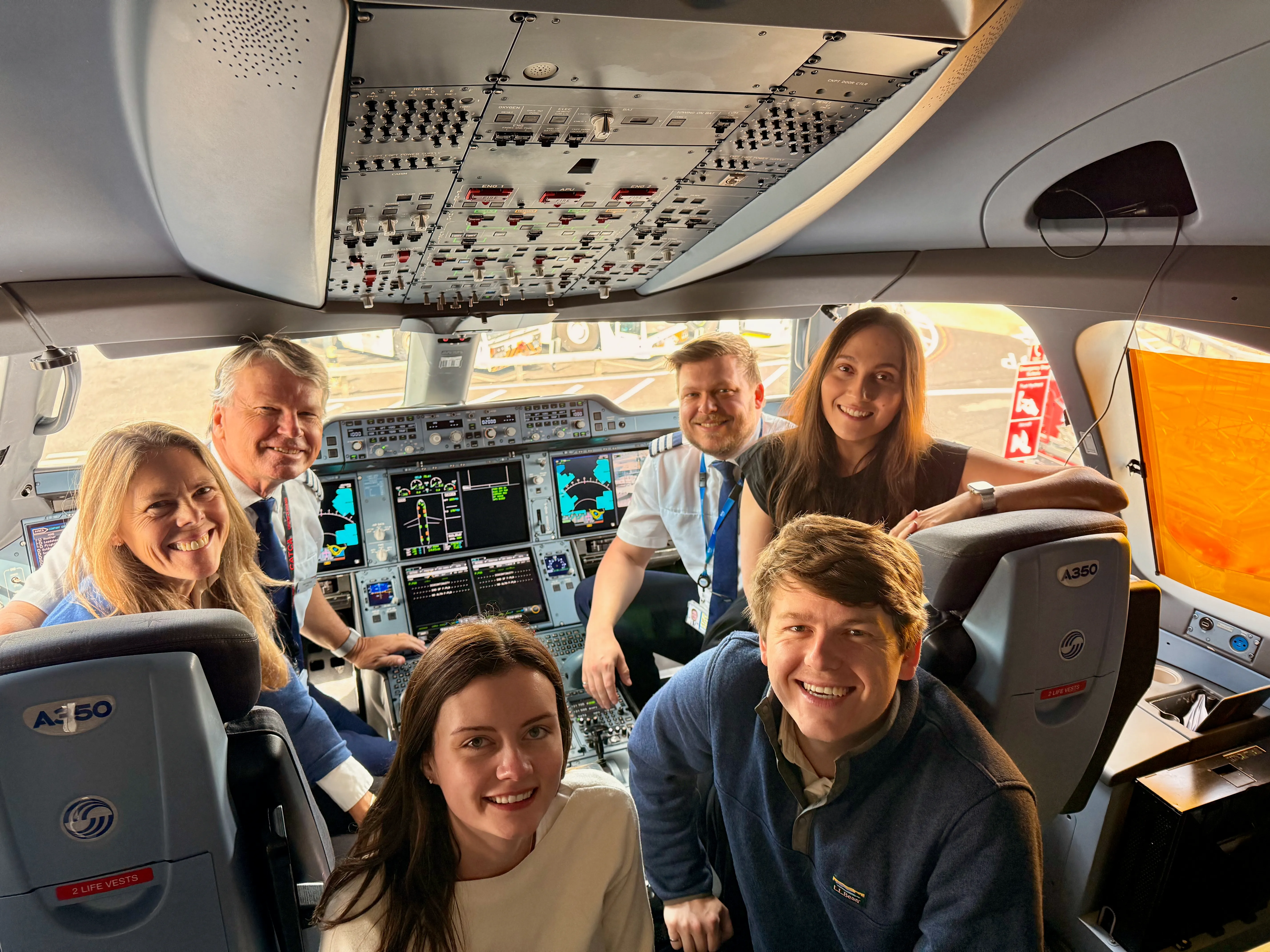 Photo of our family in the cockpit of an A350