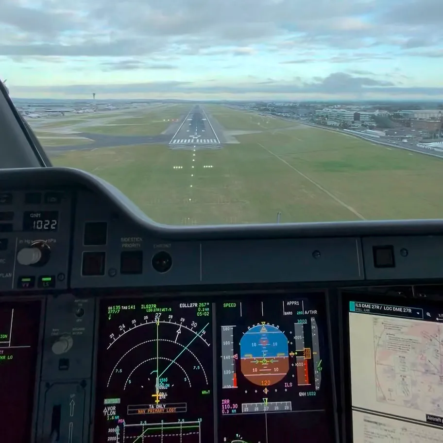 View from the cockpit on short final into Heathrow